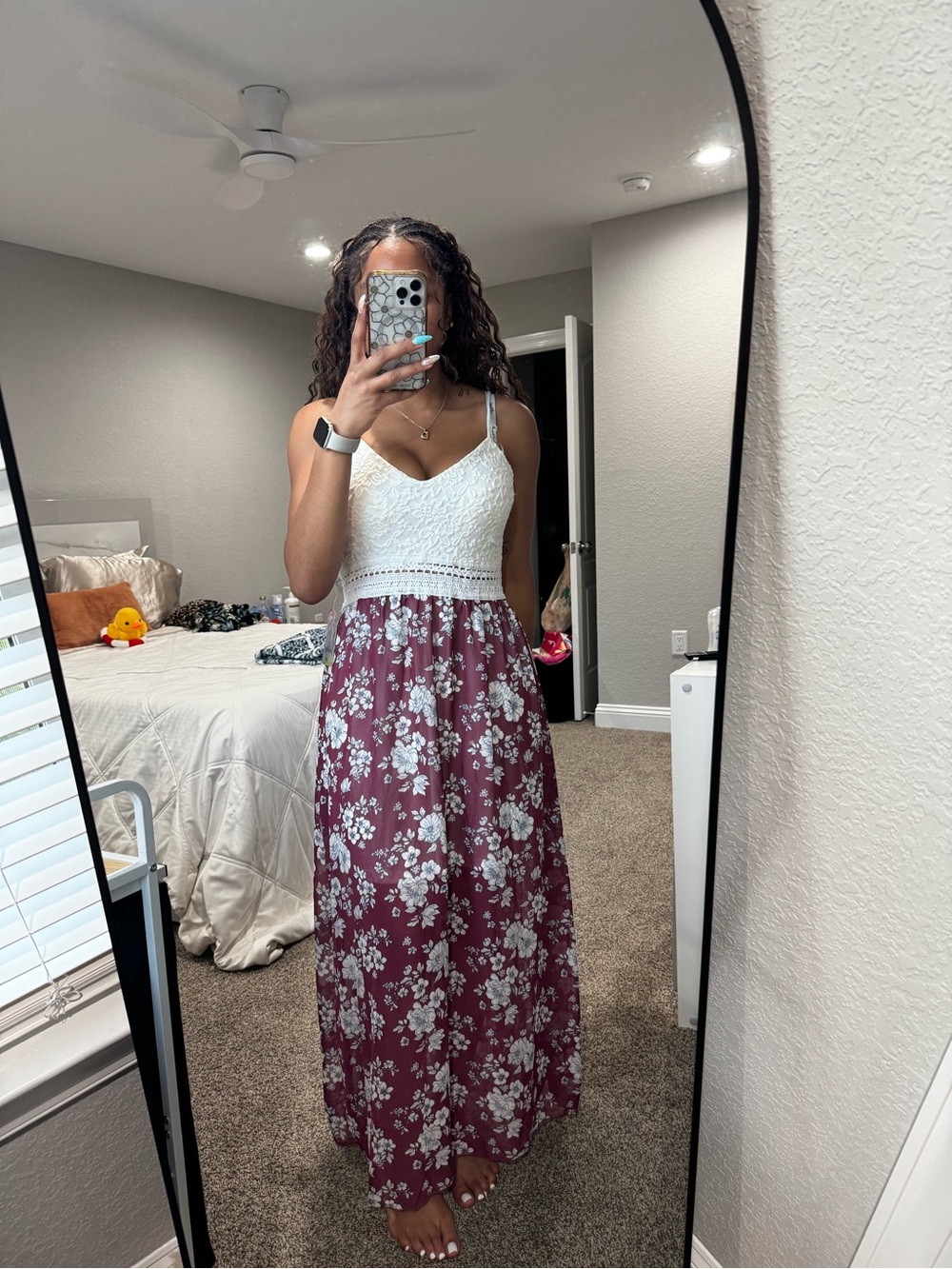 Justify white lace bodice floral flowy burgundy maxi dress